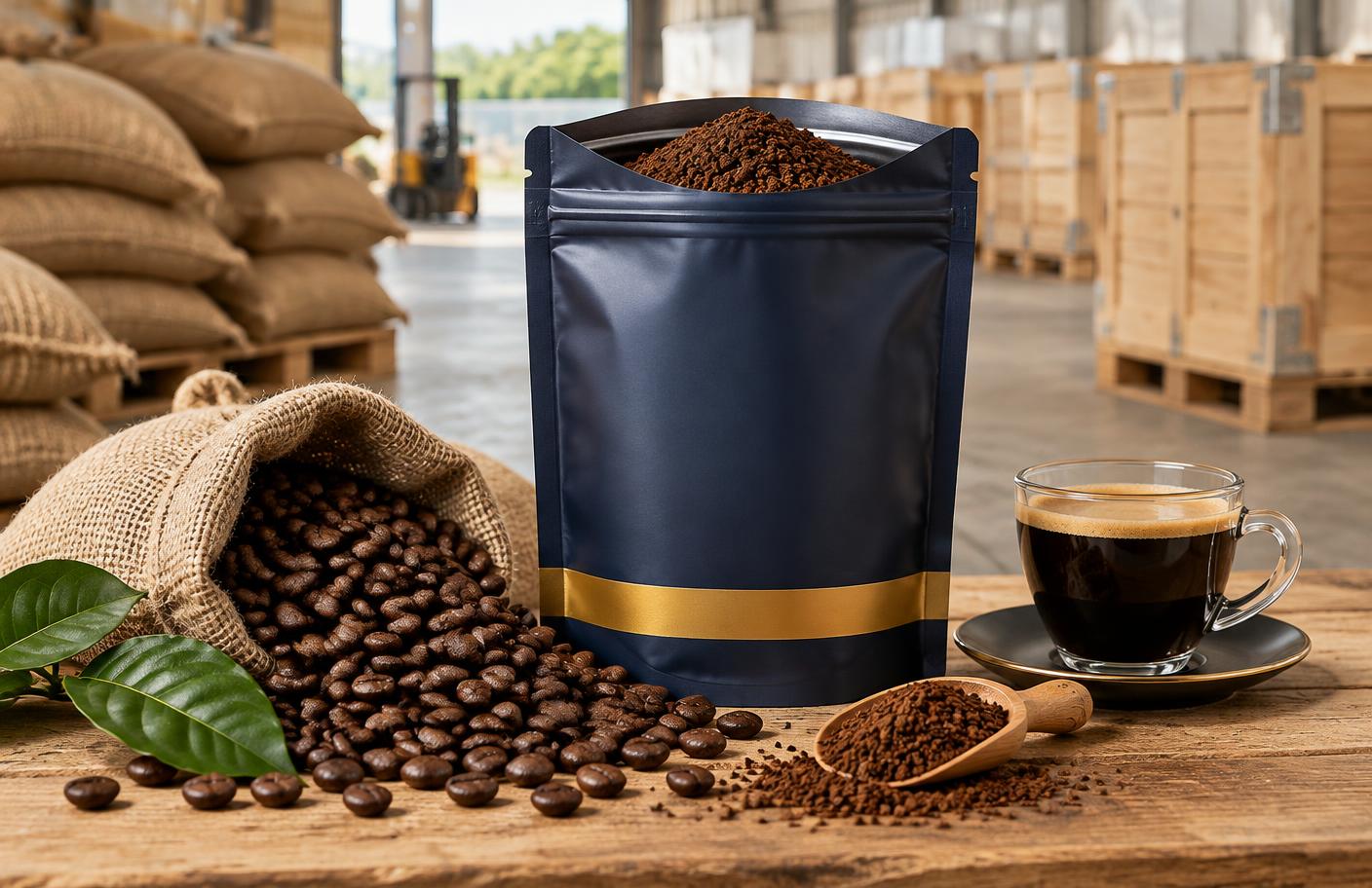 Instant coffee granules, roasted beans and black coffee in export packaging