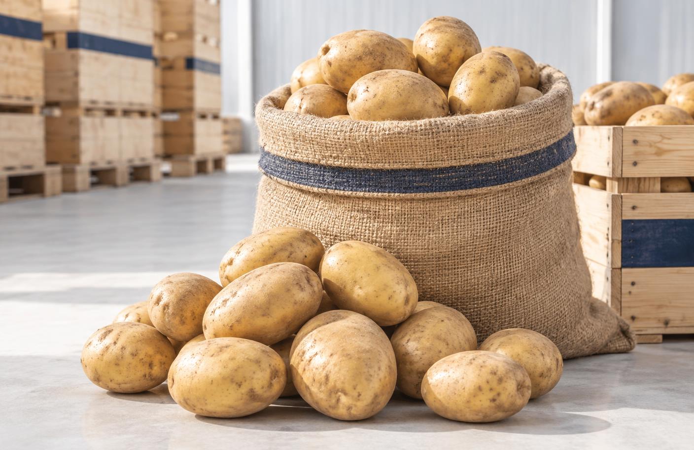 Fresh Indian potatoes in an export sack and wooden crates