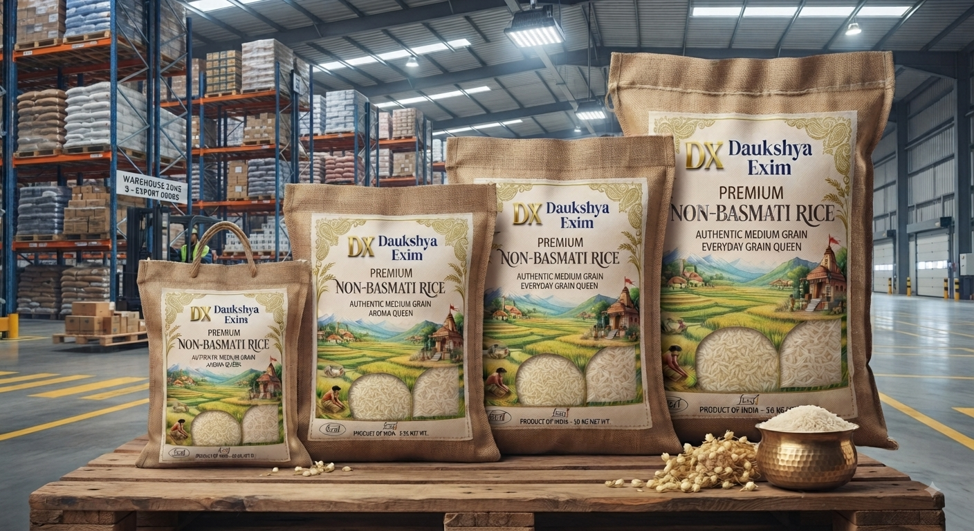 Premium Non-Basmati — Jute Pack Range — Daukshya Exim rice export packaging